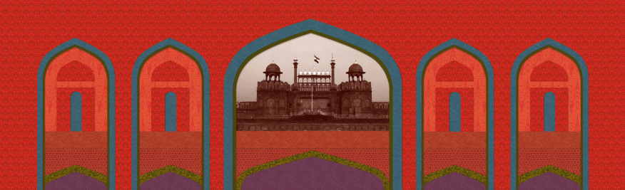 Tent side halfwall with photo of the Red Fort